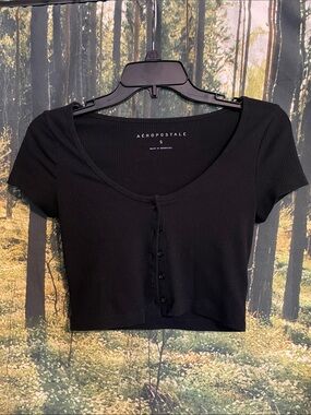 Aeropostale Black Ribbed Button-Up Crop Tee